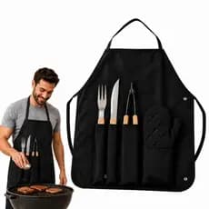 Kit Churrasco Inox com 5 Peças Avental Garfo Faca Luva Pegador Churrasqueiro Completo