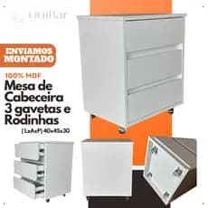 Mesa de Cabeceira Com 3 Gavetas E Rodinhas Mdf