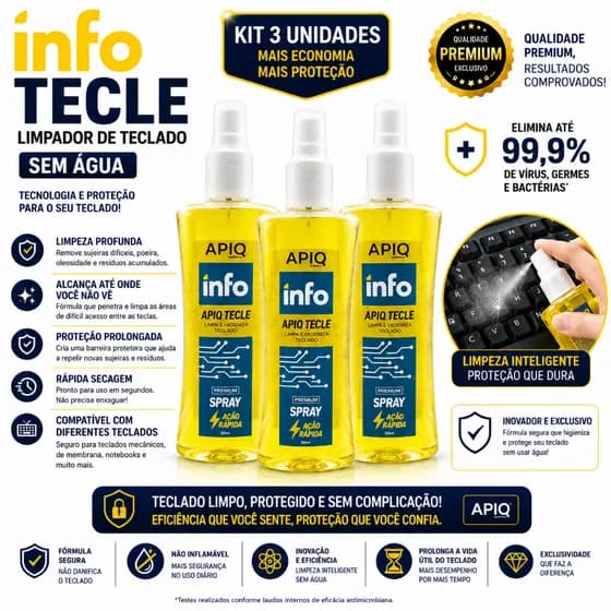3x Limpa Teclado Info Tecle 300ml APIQ Limpeza Profissional para Teclado Notebook e PC
