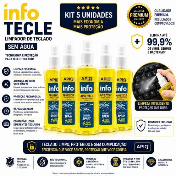 5X Limpa Teclado Info Tecle 300ml APIQ Limpeza Profissional para Teclado Notebook e PC