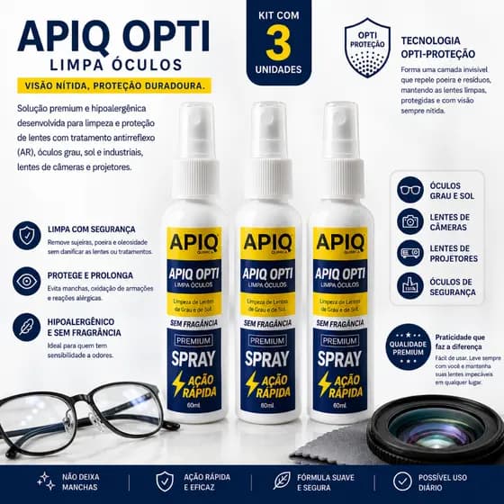3x Limpa Óculos APIQ OPTI 60ml Sem Fragrância Limpa Lentes Antirreflexo Premium