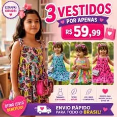 Kit 3 Vestidos Infantis Menina barato/vestido menina infantil básico/Vestidos infantis Estampado