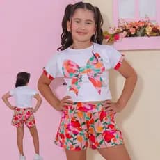 Conjunto Infantil Feminino Verão Blusa Laço + Short Estampado Floral Menina Roupa Infantil Barata