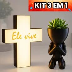 Kit Luminária Cruz Jesus + Vaso Decorativo | Decoração Religiosa Moderna para Sala e Quarto