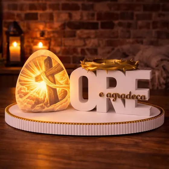 Kit Luminária LED Decorativa Religiosa Ore e Agradeça 20cm x 9cm Luz Ambiente