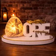 Kit Luminária LED Decorativa Religiosa Ore e Agradeça 20cm x 9cm Luz Ambiente