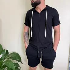 Conjunto Masculino Premium Viscolinho Preto | Short + Camisa c/ Capuz e Zíper