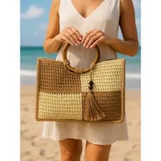Bolsa Feminina de Praia Palha com Alça Redonda de Bambu Verão
