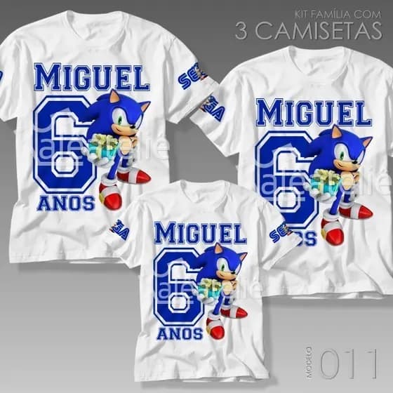 Kit 3 Camisetas Sonic Festa Infantil Kit Família Aniversario Personalizada