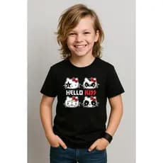 Camiseta infantil algodão Hello Kiss banda rock Kiss paródia Hello Kitty