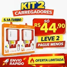 Kit 2 Carregadores 5.1A A Gold 2 USB + Cabo USB-C Bivolt Rápido