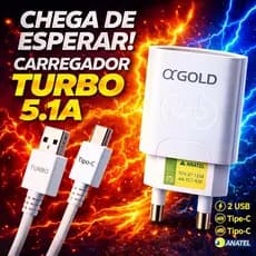 Carregador Turbo 5.1A Tipo C + Cabo | Rápido Android Samsung Xiaomi | Homologado Anatel