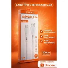 Cabo Tipo C 5.0A A Gold Reforçado Carregamento Rápido 1 Metro Turbo Android Samsung Xiaomi Dados USB