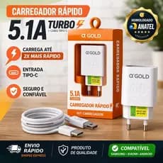 Carregador Rápido 5.1A USB Duplo + Cabo Tipo-C αGold Original Homologado Anatel