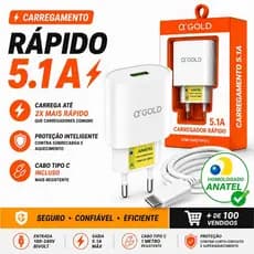 Carregador Rápido A Gold 5.1A USB + Cabo Tipo C Homologado Anatel CA17-2