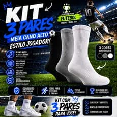 Kit 3 Pares Meia Cano Alto Masculina I Estilo Jogador I Premium I Esportivas I Futebol I Treinos I Conforto&Estilo I