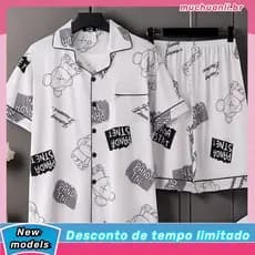Pijamas masculinos finos calças de manga curta Cardigan mais gordura dos desenhos animados homens juventude Homewear ter