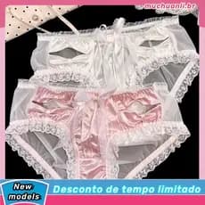 Estilo japonês brilhante Lolita Bowknot oco renda borda gaze bonito puro desejo Briefs feminino tempos gordos