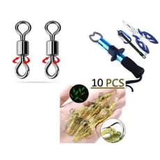 KIT pesca com 10 iscas artifical de camarão, 10 giradores simples e jogo de alicate e tesoura