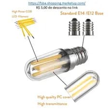 Lâmpadas crital de filamento de led E12 para geladeira, luminária, abajur, maquina de costura de 4w.