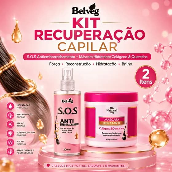 Kit Cronograma Capilar SOS Antiemborrachamento + Máscara Hidratante Colágeno e Queratina Reconstrução Pós-Química