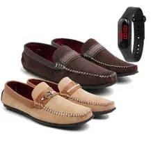 Kit 2 pares mocassim masculino leve, confortavel de camurça mais relogio digital