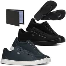 Kit 2 Pares de Sapatenis Masculino Casual Em Sintético Mais Chinelo De Borracha Preto e Carteira De Brinde