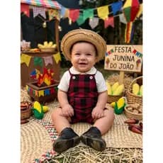 Macacão Jardineira Xadrez Junino , Jardineira de Linho Fazendinha Festa Quadriculado  Bebê Infantil com Bolso Canguru