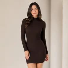 Vestido Feminino Cacharrel Gola Alta Manga Longa Malha Canelada Confortável Modelador Básico Casual Inverno P ao GG