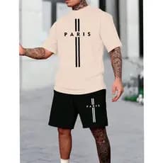 Conjunto Kit Camiseta E Bermuda Masculina Tactel Paris Duas Faixas Leve Conforto