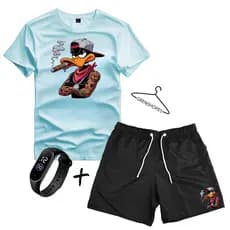 digital Conjunto Kit Camiseta E Bermuda Tectel + Relogio Estampa Pato Camisa Masculina Premium