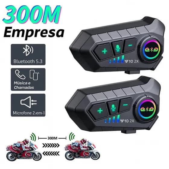 2pcs Intercomunicador Capacete Moto Bluetooth 5.3 300M 2000mAh Mic 2 em 1 Universal p/ Capacete