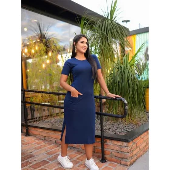 Vestido Feminino Midi com Manga e Fenda Vestido Feminino bolso Casual Elegante Comportado Moda Evangelica