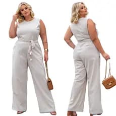 Macacão Pantalona Feminino Plus Size Elegante Linho Elegante