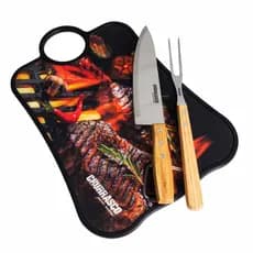 Kit Churrasqueiro Tabua de Corte Churrasco Kit 3 Peças Carne Faca de Corte Preciso Garfo de Churrasqueiro Bambu