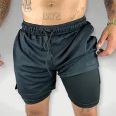 Short 2 Em 1 Masculino Dry Fit Com Bolso Interno Para Celular Academia Treino Legging Compressão