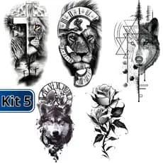 Kit 5 Tatuagens Temporária Tattoo Removível Grande Leão Lobo Jesus Cristo Henna