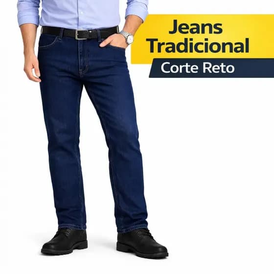 Calça Jeans Masculina Tradicional Perna Larga Reforçada Elastano Reta Básica Lycra Country Cowboy
