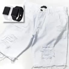 Bermuda Jeans Branca Rasgada Para o Ano Novo Short Jeans Claro Escuro + Relógio Digital Smart Led