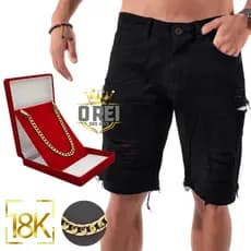 short jeans masculino bermuda jeans rasgada + pulseira 18k banhada a ouro prata aço