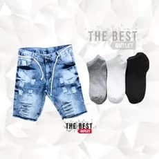 Kit Masculino Bermuda Jeans Rasgada Clara Escura Preta Branca + Meia