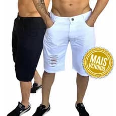 Bermuda Jeans Masculino Preto e Branco Rasgada
