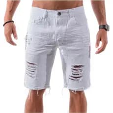Bermuda Shorts Jeans Masculina Sarja Branca Rasgada Para o Ano Novo