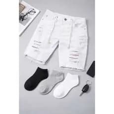 SHORTS JEANS MASCULINO RASGADO BRANCO + KIT COM 3 PARES DE MEIA ENVIO HOJE