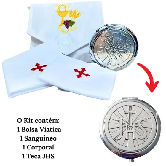 Kit Bolsa Viático com Sanguíneo e Corporal modelo Pão e Vinho +Teca Porta Hóstia JHS Prata