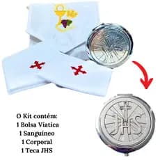 Kit Bolsa Viático com Sanguíneo e Corporal modelo Pão e Vinho +Teca Porta Hóstia JHS Prata