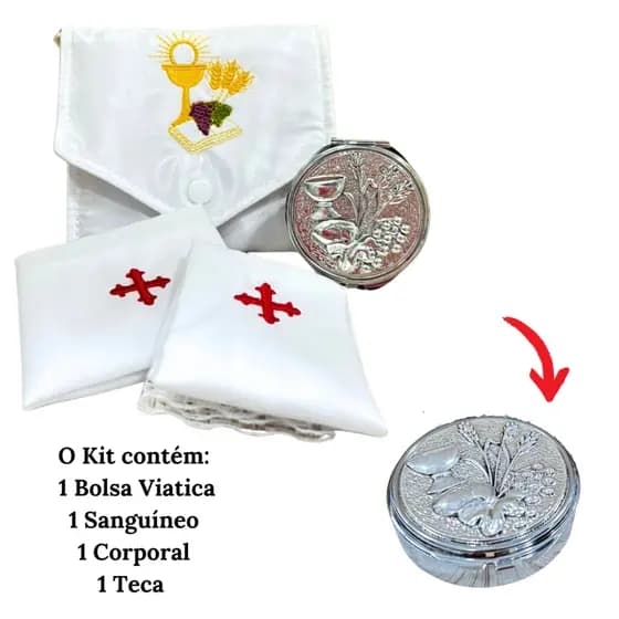 Kit Bolsa Viático Sanguíneo Corporal Ministro Eucaristia + Teca Pão e Vinho Porta Hóstia Eucarística Prata
