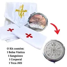 Kit Bolsa Viático Cordeiro com Sanguíneo e Corporal +Teca Porta Hóstia JHS Prata