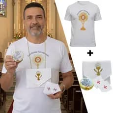 Kit para Ministros da Eucaristia- Camisa Santíssimo Sacramento + Teca Eucarística + Bolsa Viático + Lenços