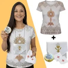 Kit Ministros da Eucaristia - Camisa Santíssimo Sacramento+ Teca Eucarística+ Bolsa Viático+ Lenços Sanguíneo e Corporal